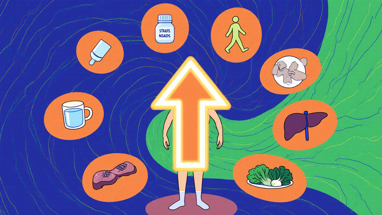 A patient standing tall surrounded by healthy habits and medication icons in vibrant psychedelic style.