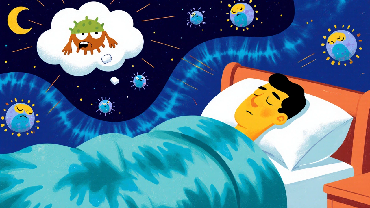 A person sleeping peacefully as an allergy monster is silenced by a glowing tablet.