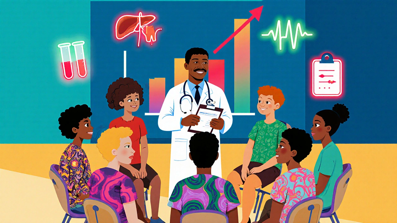 Adolescents in a clinic circle with a doctor, showing wellness icons and subtle trial success symbols.