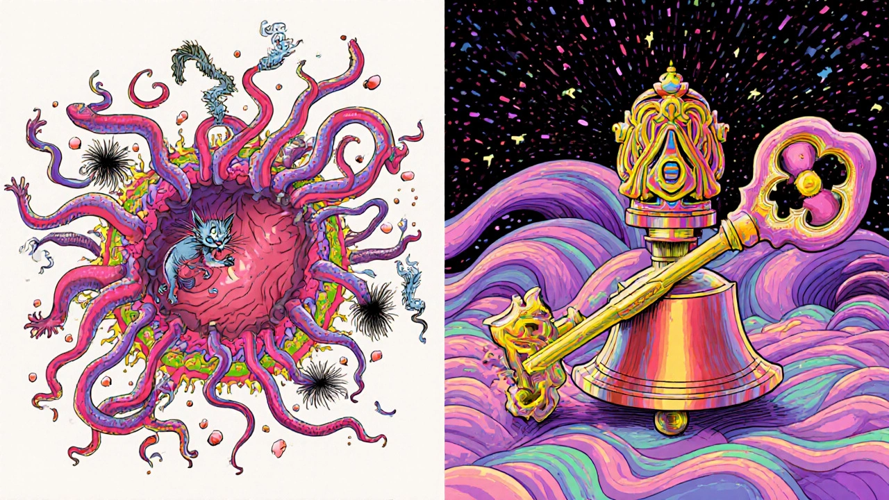 An overactive immune system calming down as a key turns off a sneeze-shaped alarm.