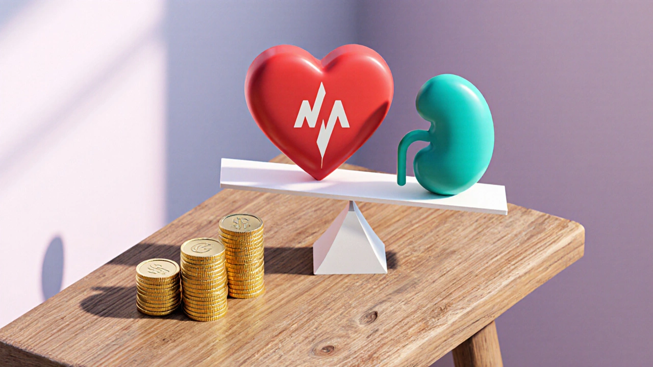 Artistic representation of cost, heart health, and kidney safety symbols arranged as decision factors.