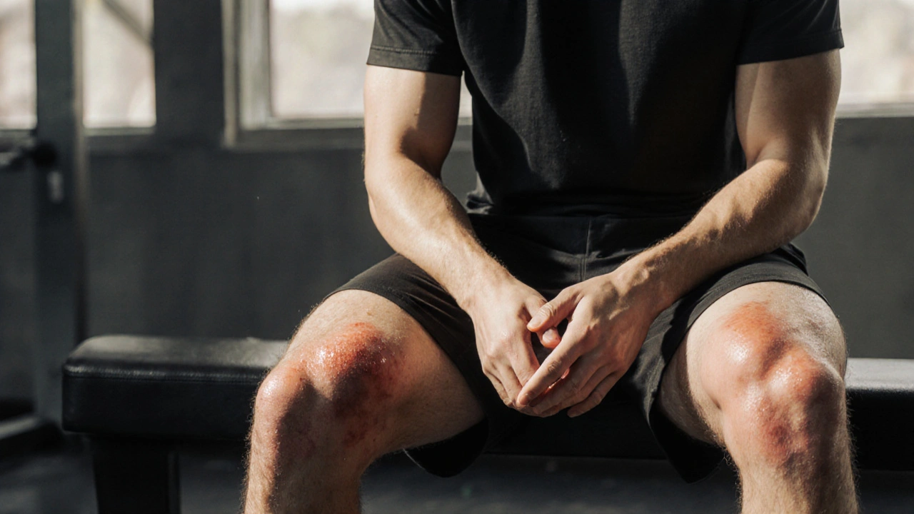Athlete on gym bench with faint red patches on thighs, buttocks, and underarms indicating spread.