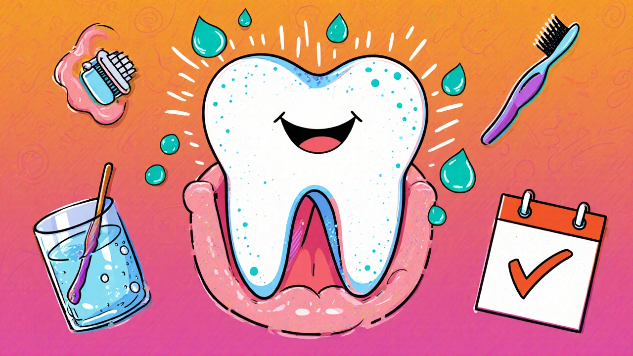 Bright smile with healthy teeth, pink gums, water droplets and hygiene icons in a hopeful cartoon style.