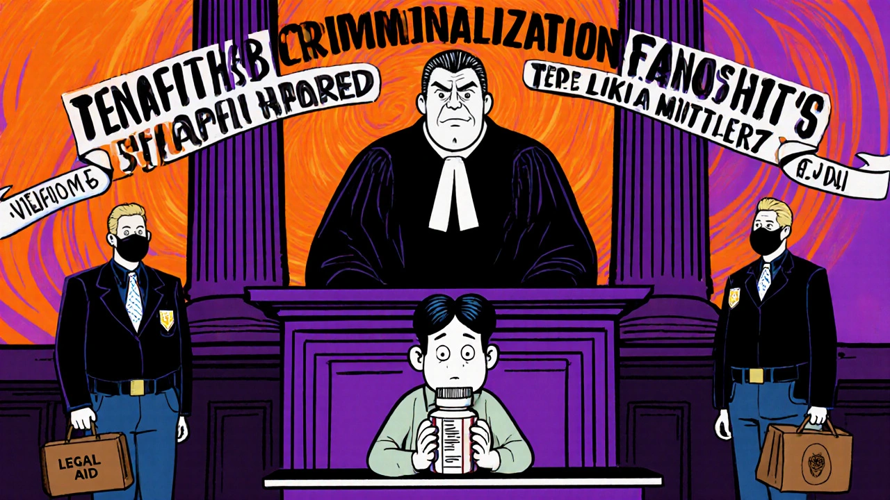 Cartoon courtroom showing a patient with Tenofovir facing legal judgment.