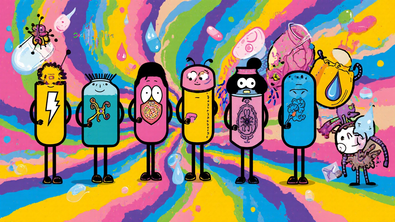 Cartoon lineup of anti‑epileptic drug characters showing their mechanisms.