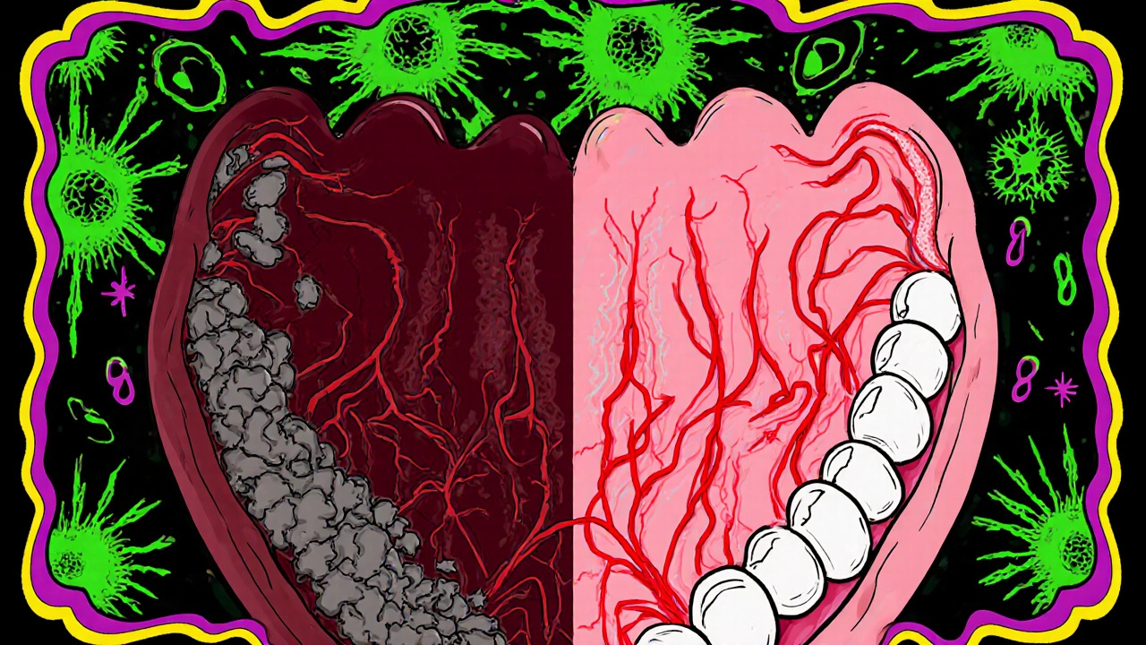 Cross‑section of mouth showing inflamed gums with plaque on one side and healthy pink gums on the other.