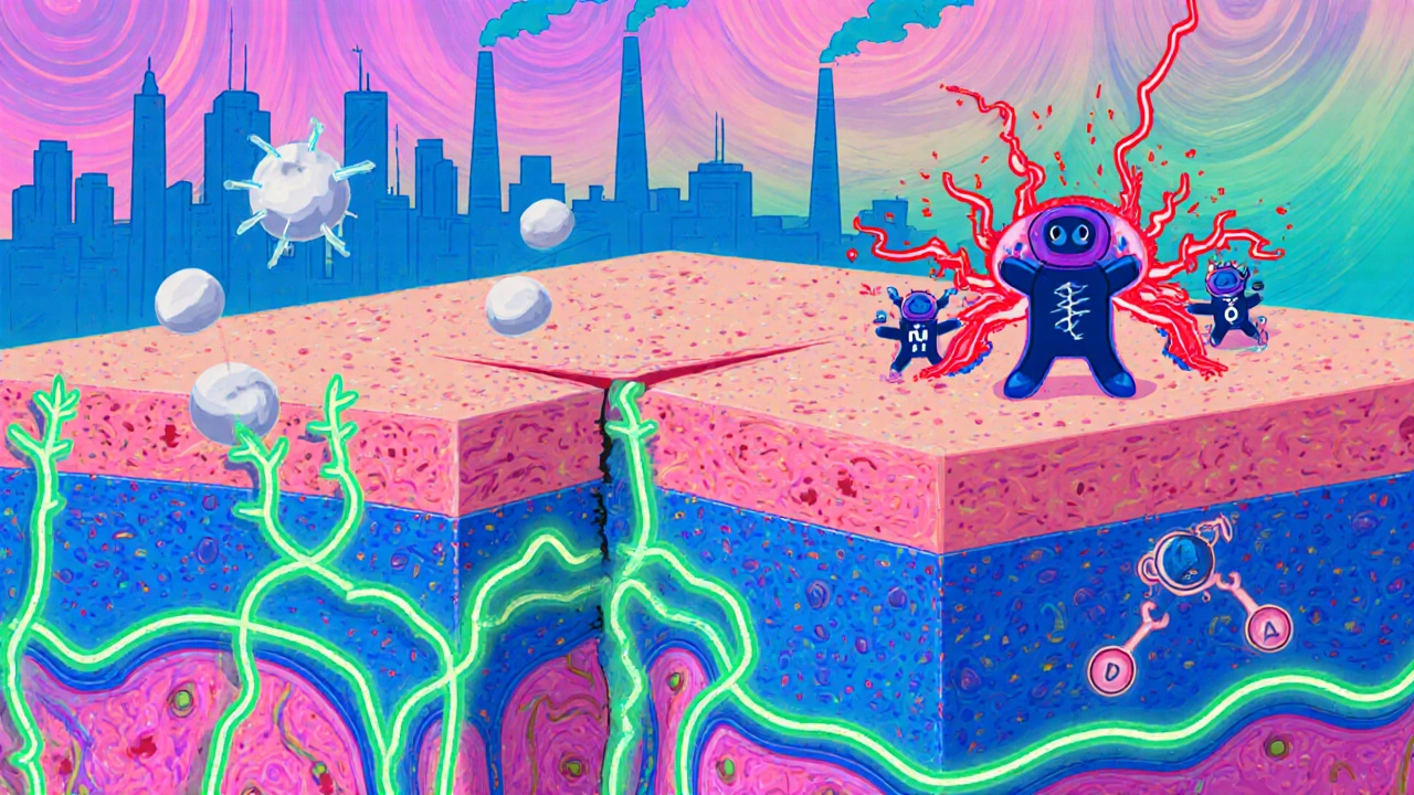 Cross-section of skin showing pollutants stripping the barrier, ROS damage, and immune cells reacting.