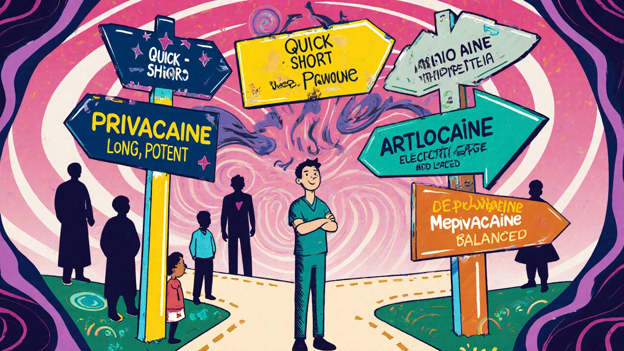 Dentist at a psychedelic crossroads with signposts for each anesthetic and patient silhouettes.