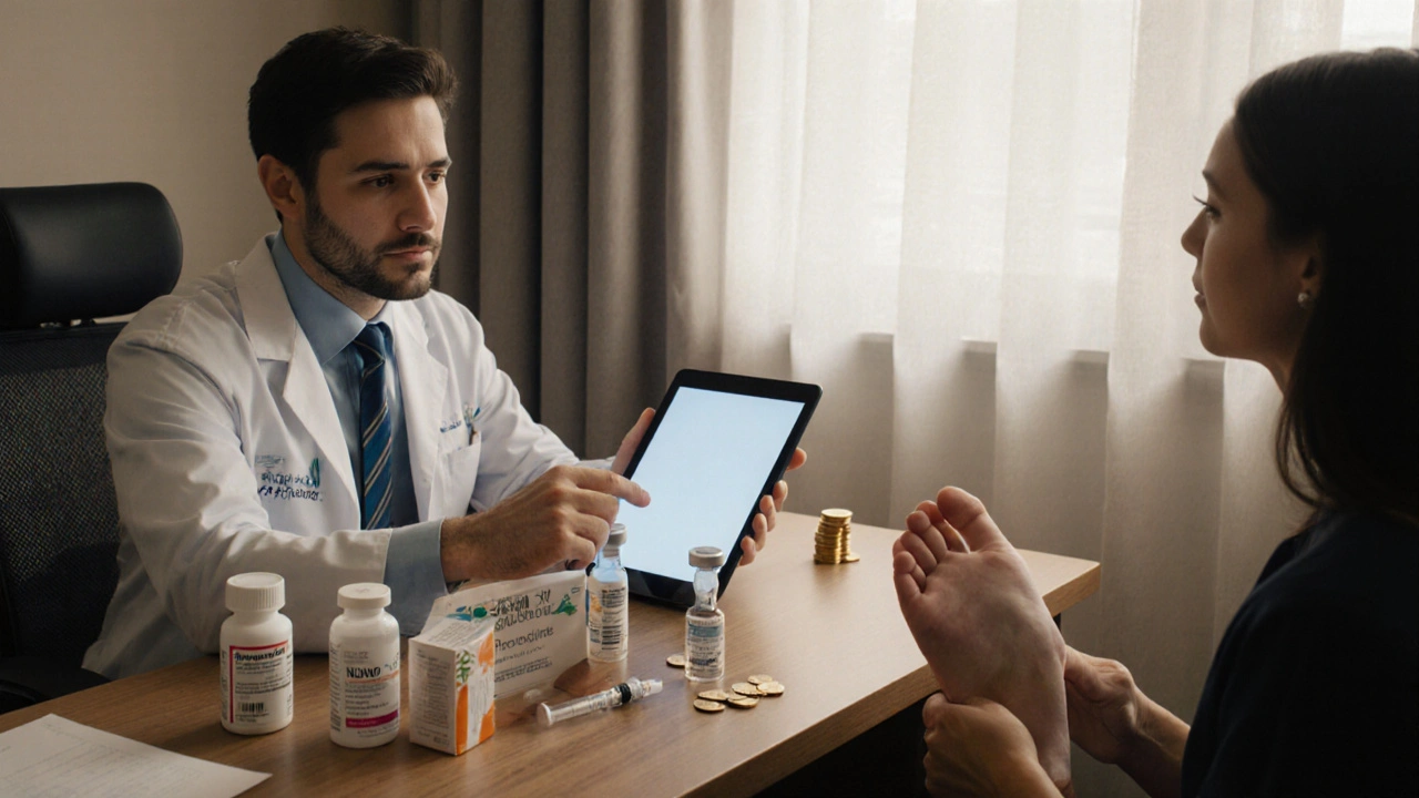 Doctor and patient discussing treatment options with medication bottles and a costly biologic injection on a desk.