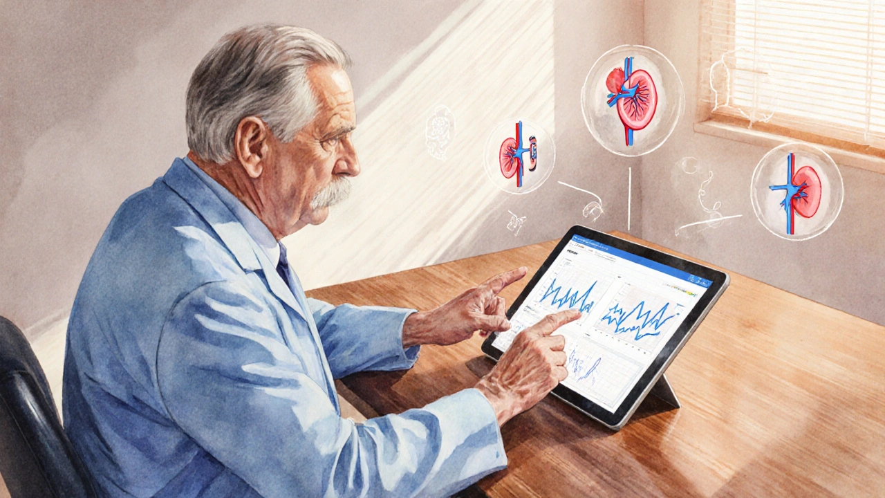 Doctor consulting a middle‑aged patient about diabetes medication, with heart and kidney icons in the background.