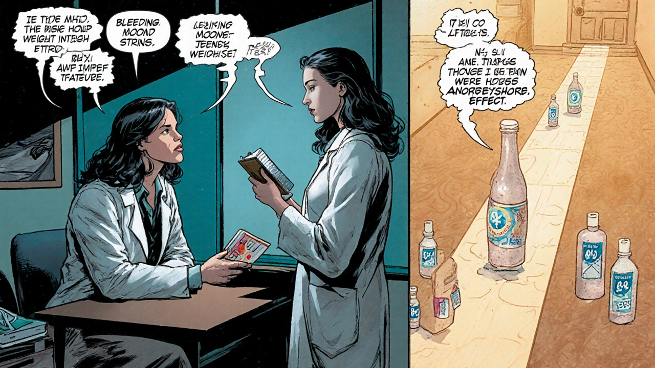 Doctor consulting patient with diary, showing pill options and side‑effect icons in comic panels.