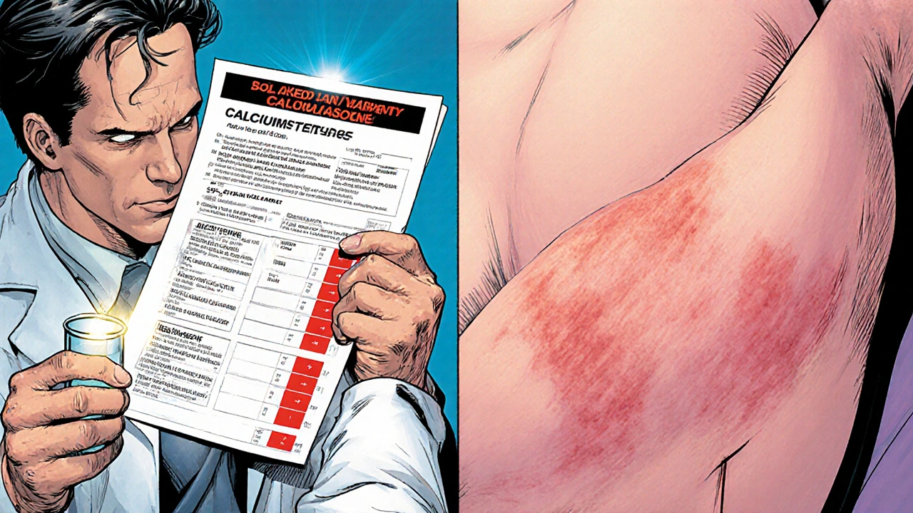 Doctor reviewing calcium test results beside skin showing improved psoriasis after combo therapy.