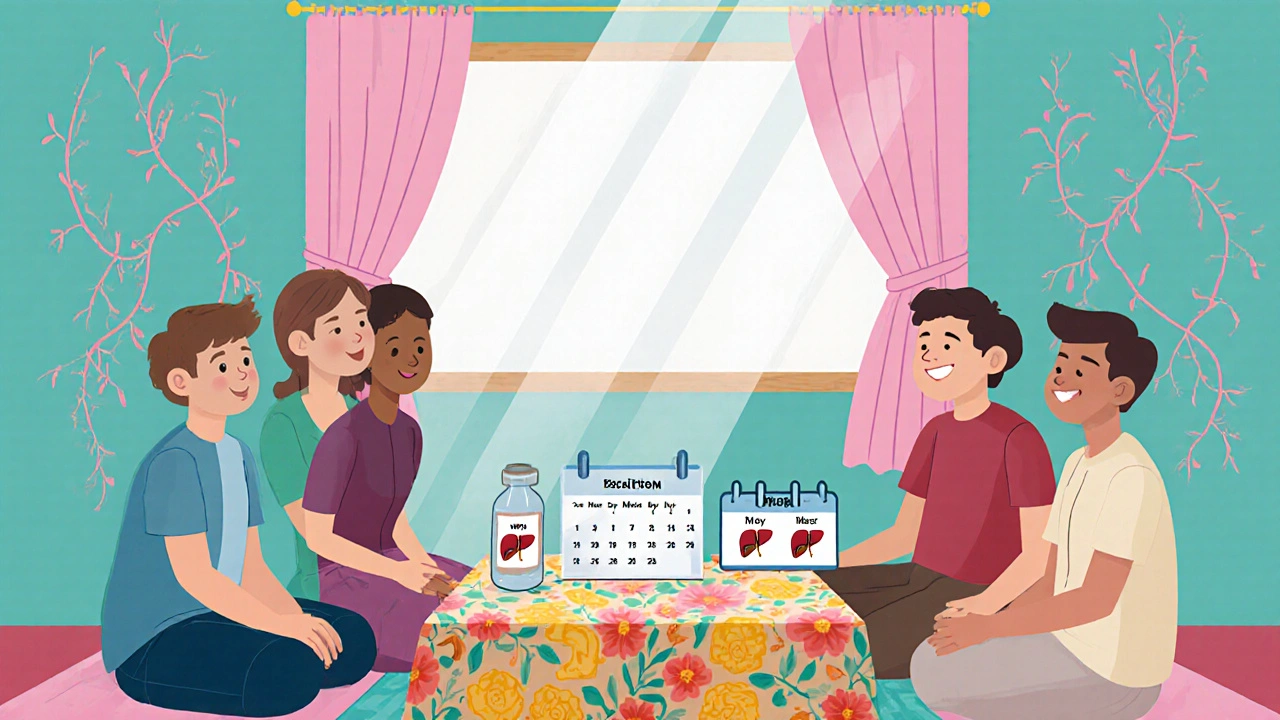 Family and therapist discuss treatment plan with disulfiram bottle and monitoring tools.