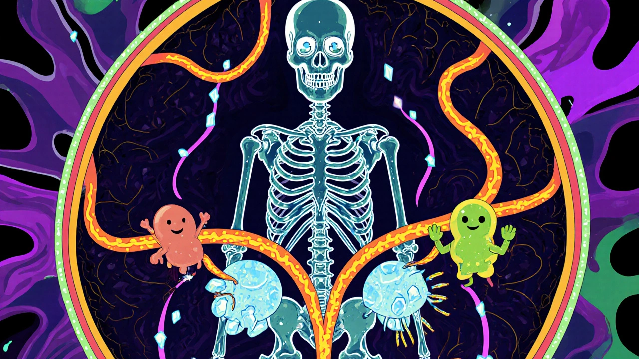 Fetal skeleton mineralizing with calcium and immune cells guided by calcitriol ribbons.