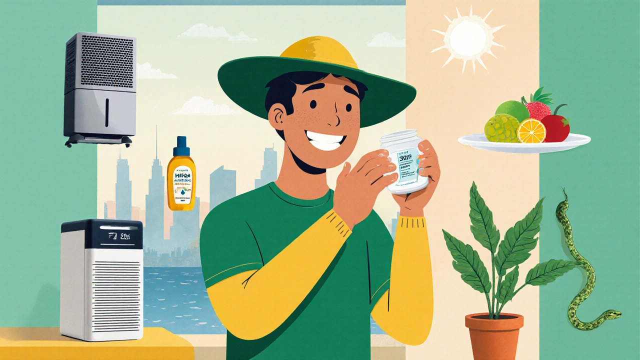 Figure applying moisturizer and sunscreen surrounded by air purifier, fruits, and a houseplant for skin protection.