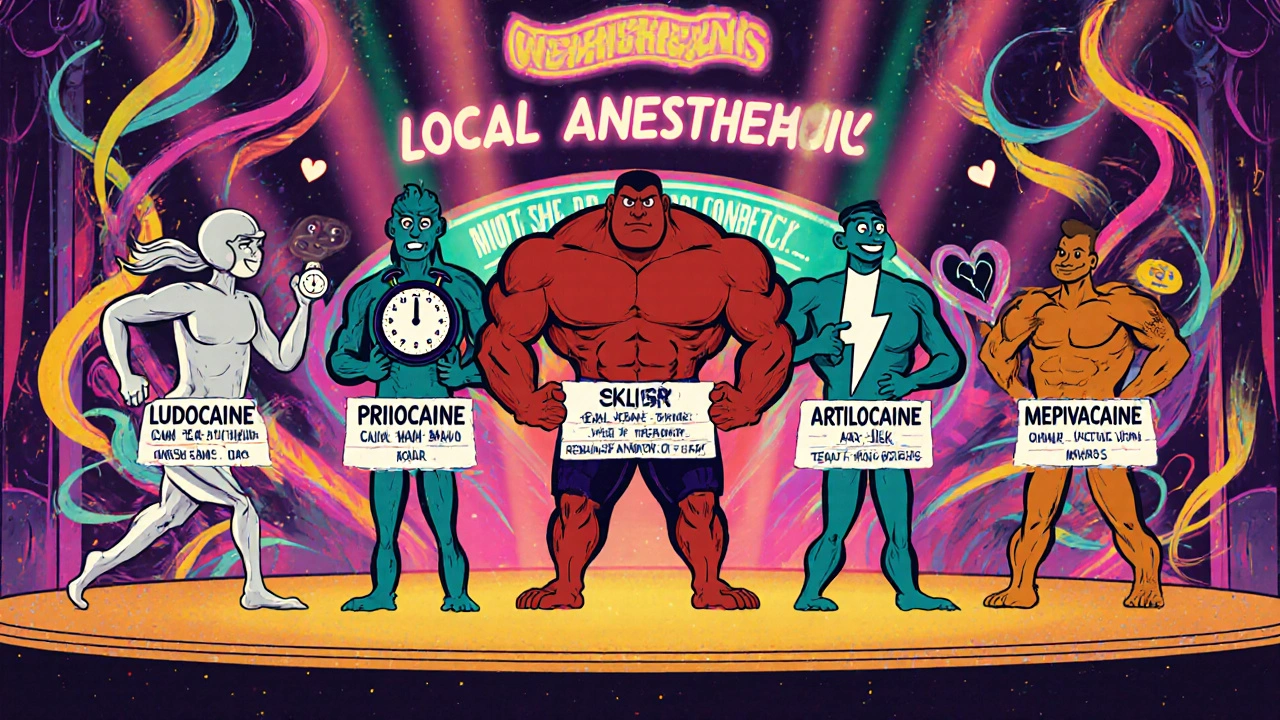 Five cartoon characters representing different anesthetics with banners showing their key stats.