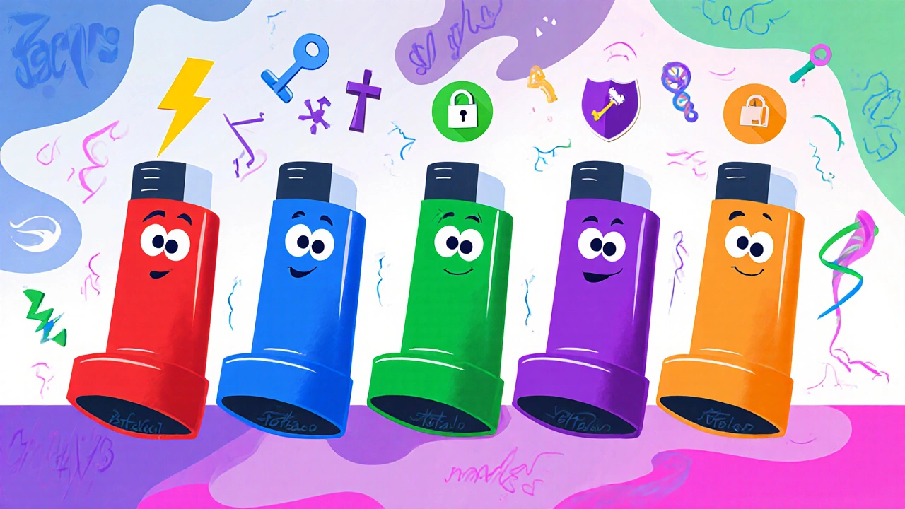 Five cartoon inhalers lined up, each with distinct colors and visual symbols for their mechanisms.