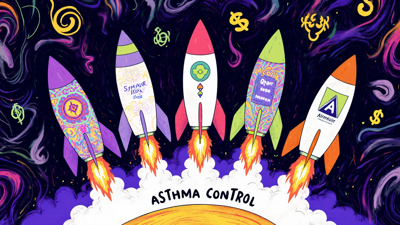 Five colorful inhaler-rockets launching from a control pad with dollar signs and data trails in psychedelic art