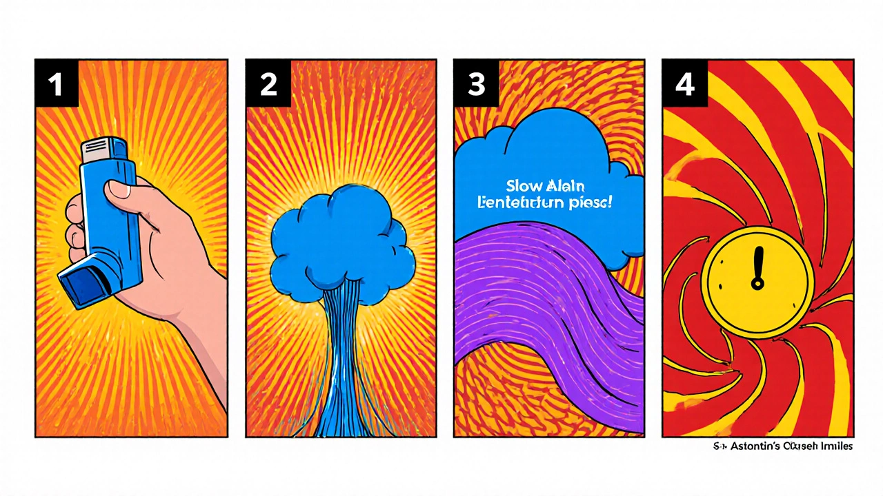 Five‑panel comic showing steps to use an inhaler: shake, exhale, inhale, hold breath, wait.