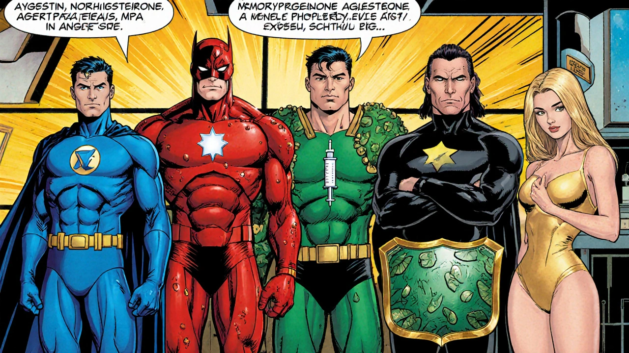Five superhero progestin characters representing Aygestin, MPA, Drospirenone, Levonorgestrel, and bioidentical progesterone.