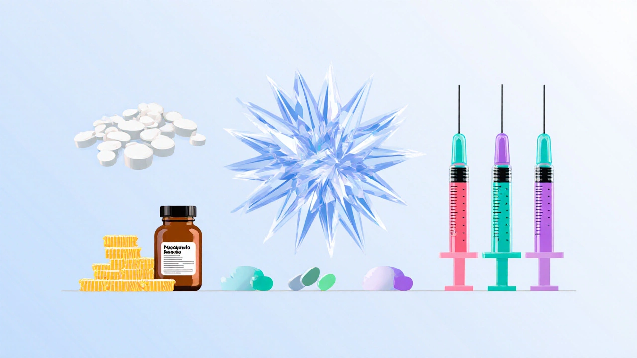Flat illustration showing gout crystals surrounded by pills, syringes, and tablets of various gout drugs.