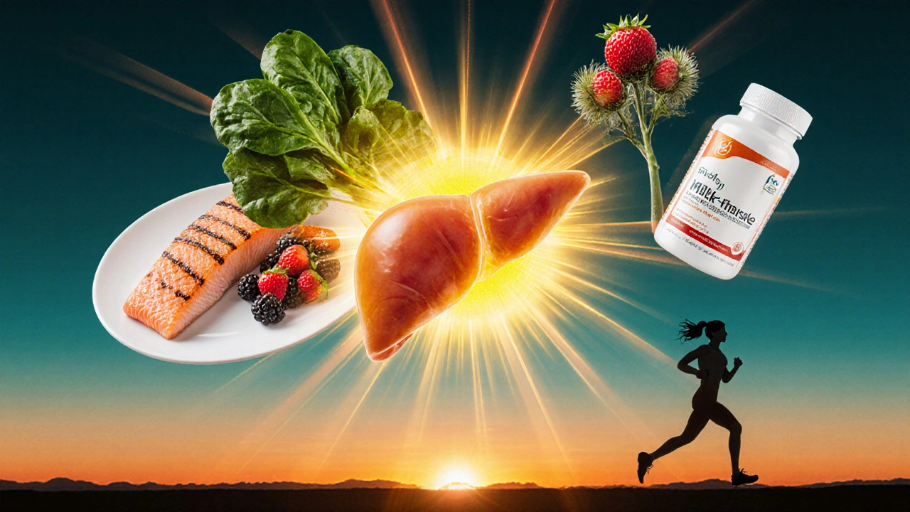 Glowing healthy liver surrounded by protein foods, milk thistle, and a jogging figure.