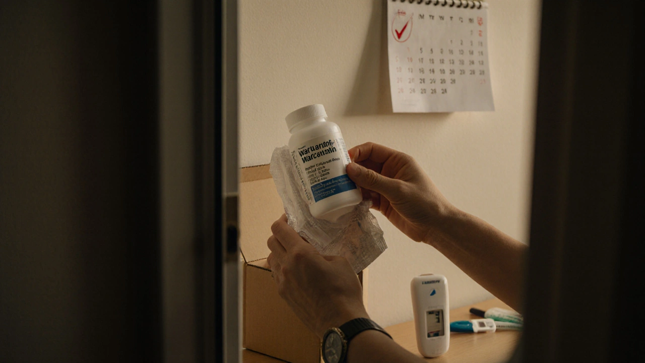 Hands inspect delivered warfarin bottle, checking lot number beside an INR test device.