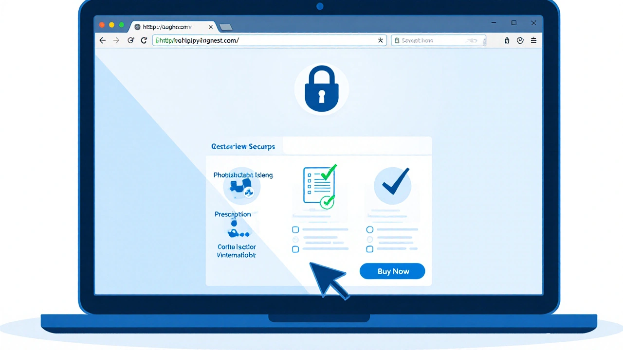 Illustration of a secure online pharmacy checkout with verification icons.