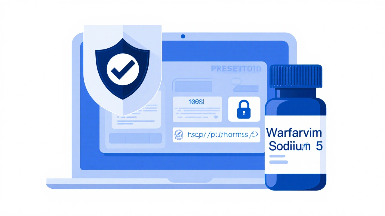 Laptop screen shows verified pharmacy badge and prescription upload next to a warfarin bottle.