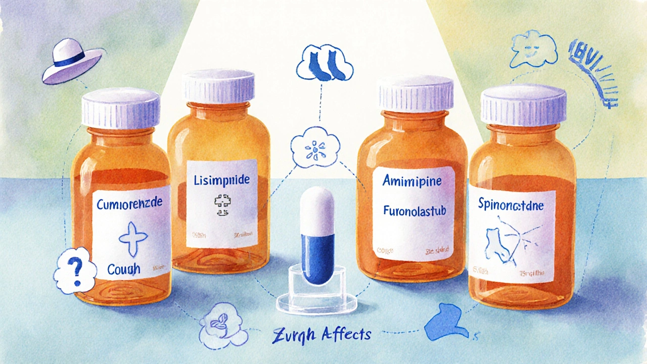 Medical desk with bottles of hypertension drugs, each surrounded by side‑effect icons.