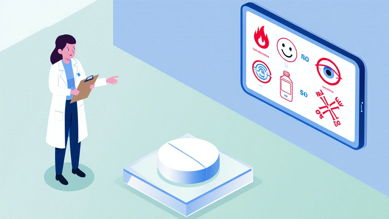 Medical illustration showing tamoxifen tablet with icons for side effects and interactions.
