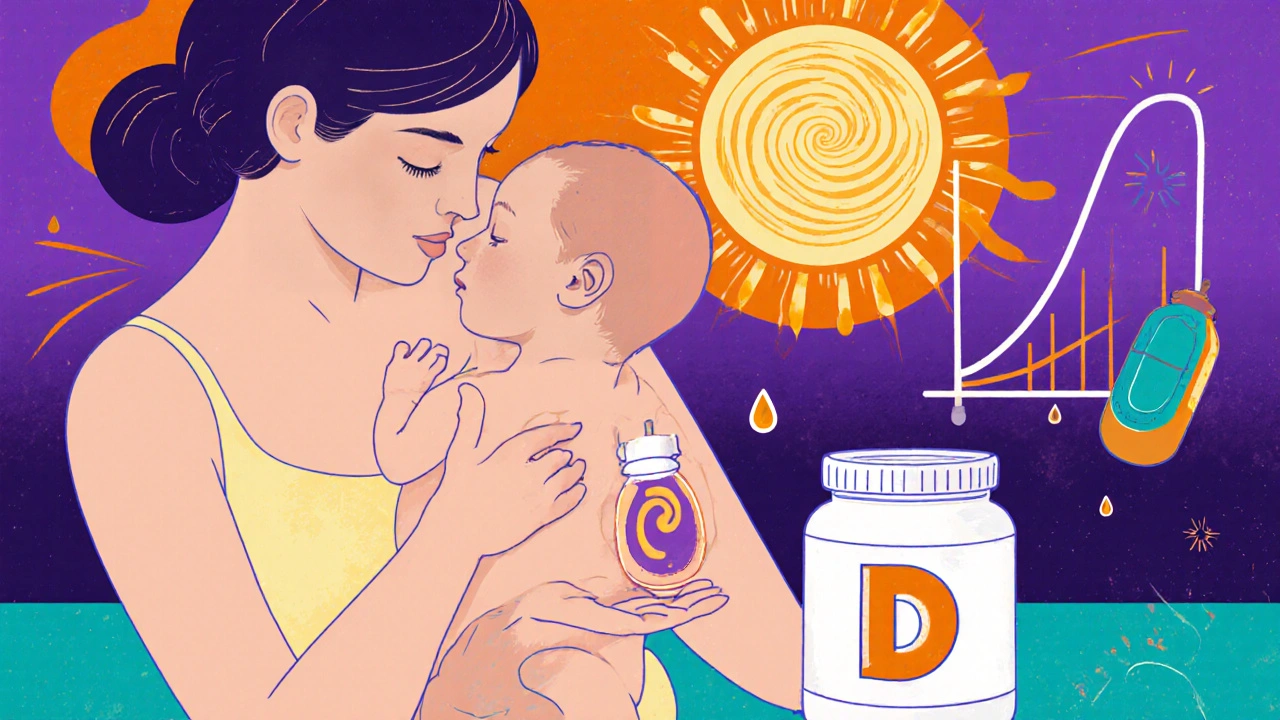 Mother nursing baby beside fortified formula bottle with glowing vitamin D droplets.