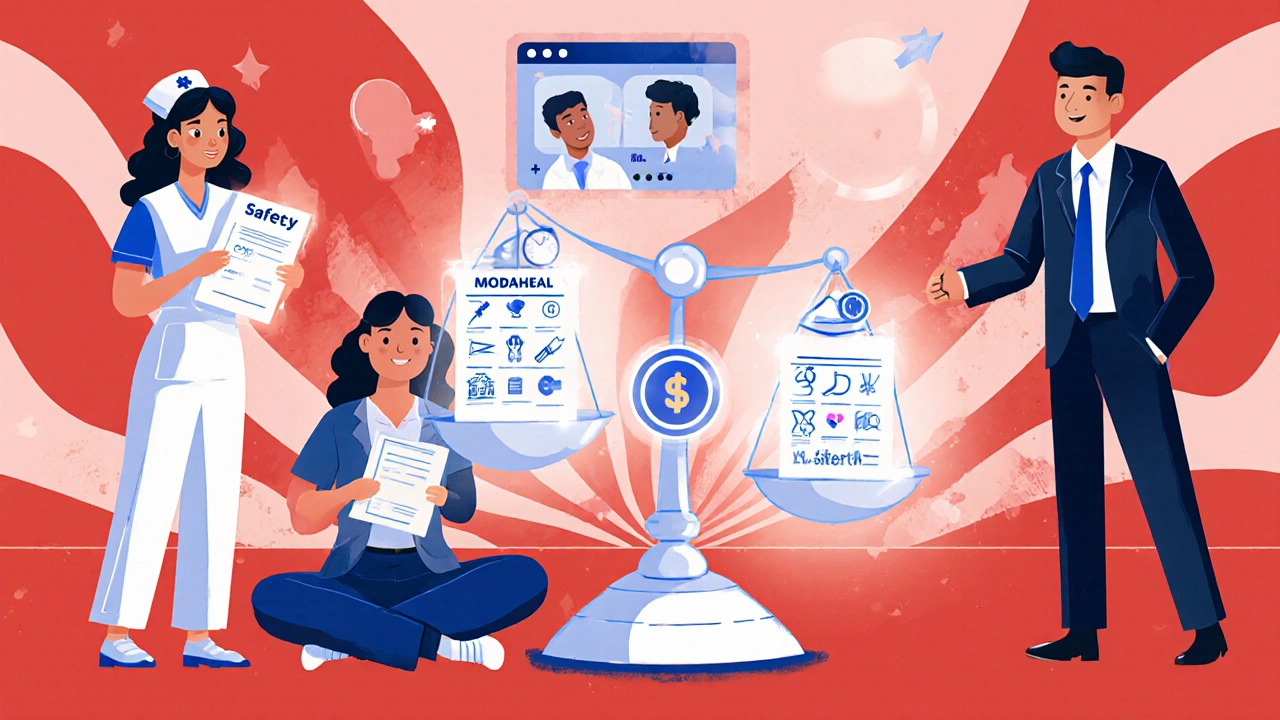 Nurse, student, and worker with prescription, scale of safety vs. power.
