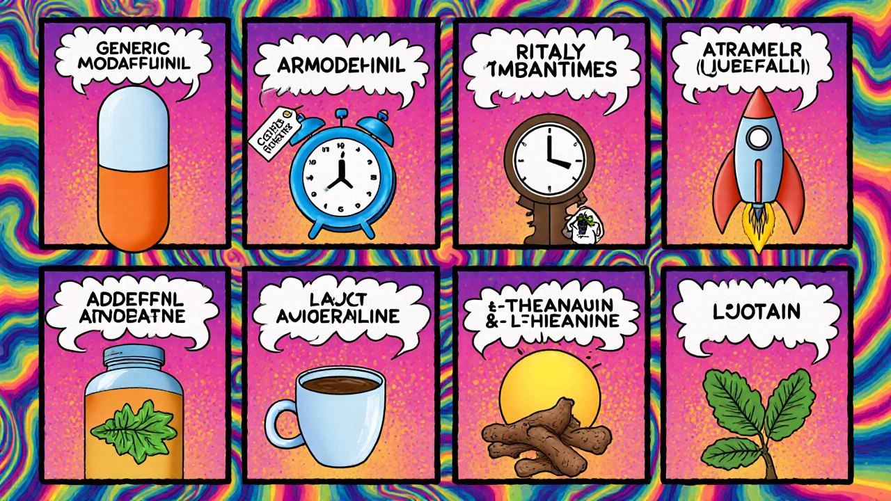 Panel collage of mascots for various wakefulness aids with icons for effects.
