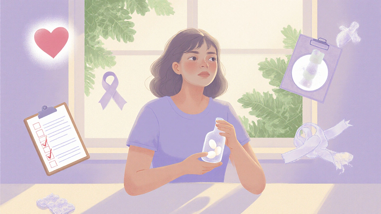 Pastel illustration of a woman holding a frozen‑egg vial with supportive symbols surrounding her.
