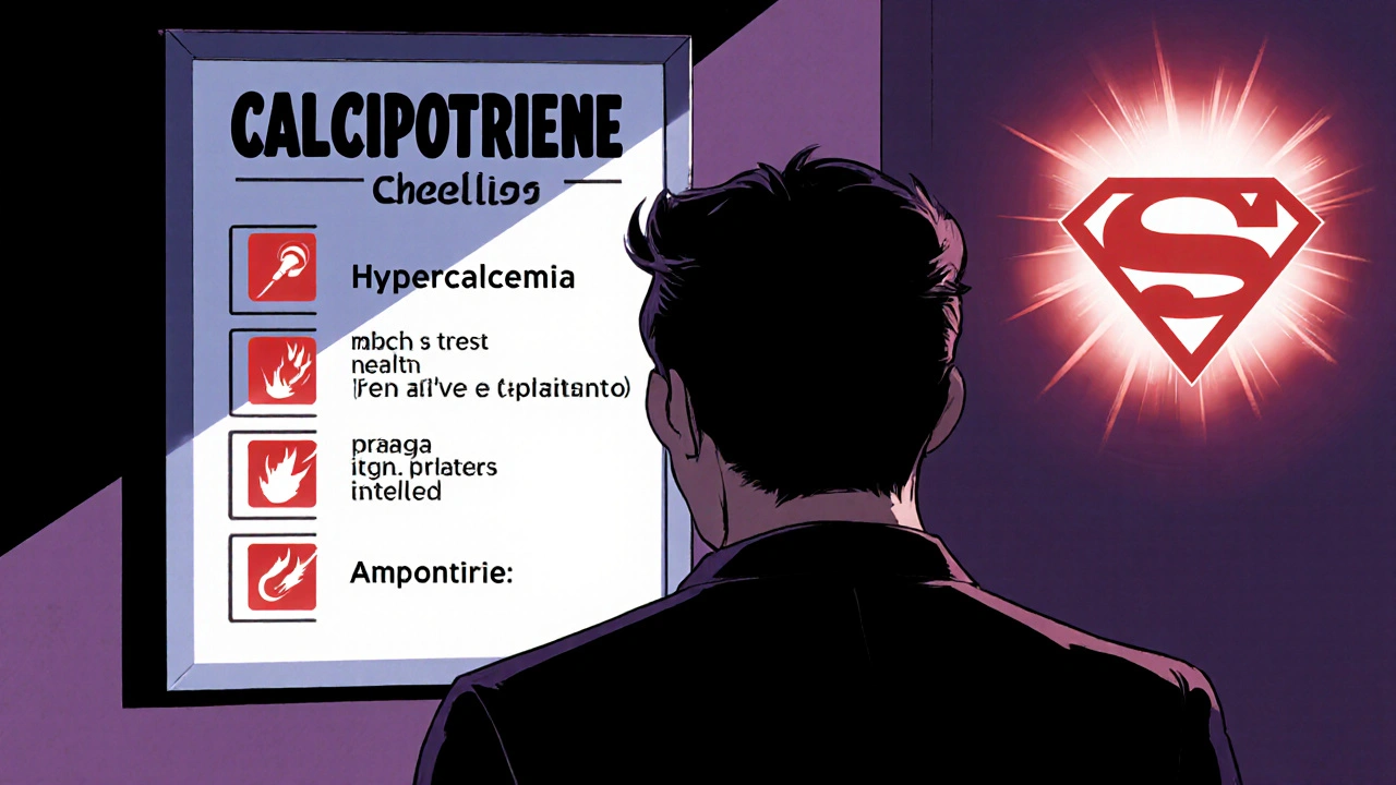 Patient checking warning-sign checklist with glowing icons, Calcipotriene hero emblem in background.