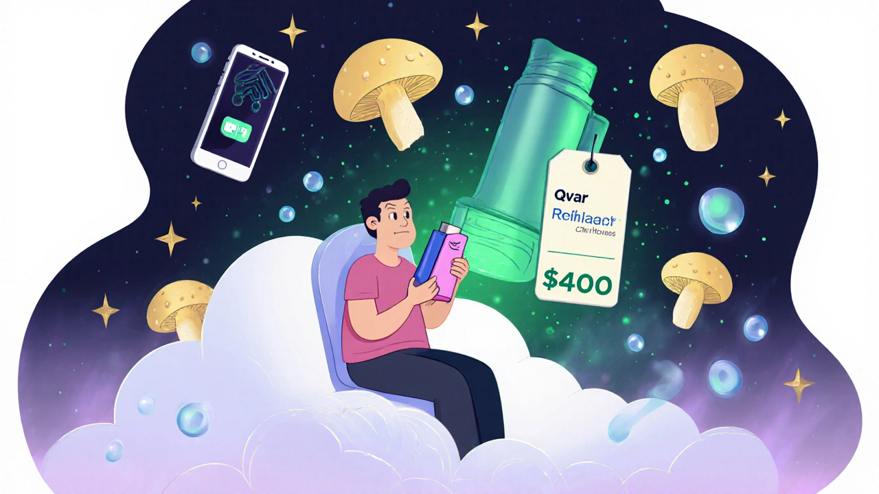 Patient holding Qvar inhaler while Flovent looms large with price tag, surrounded by fading fungi and app icon
