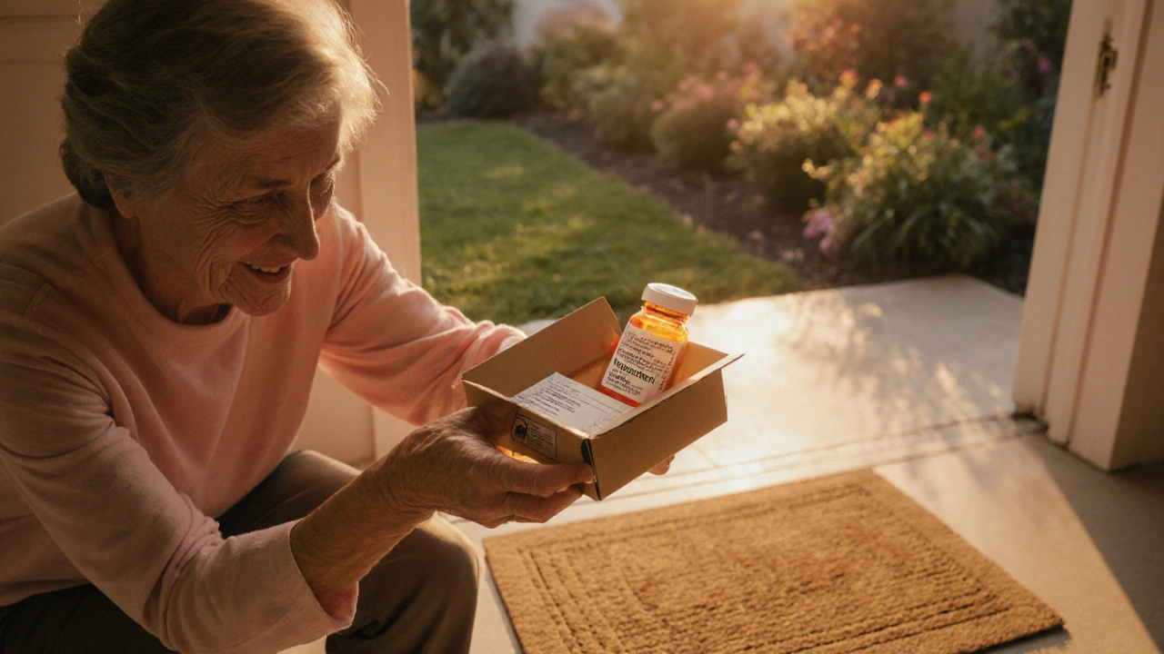 Patient opening a package of generic tamoxifen at sunrise, looking relieved.