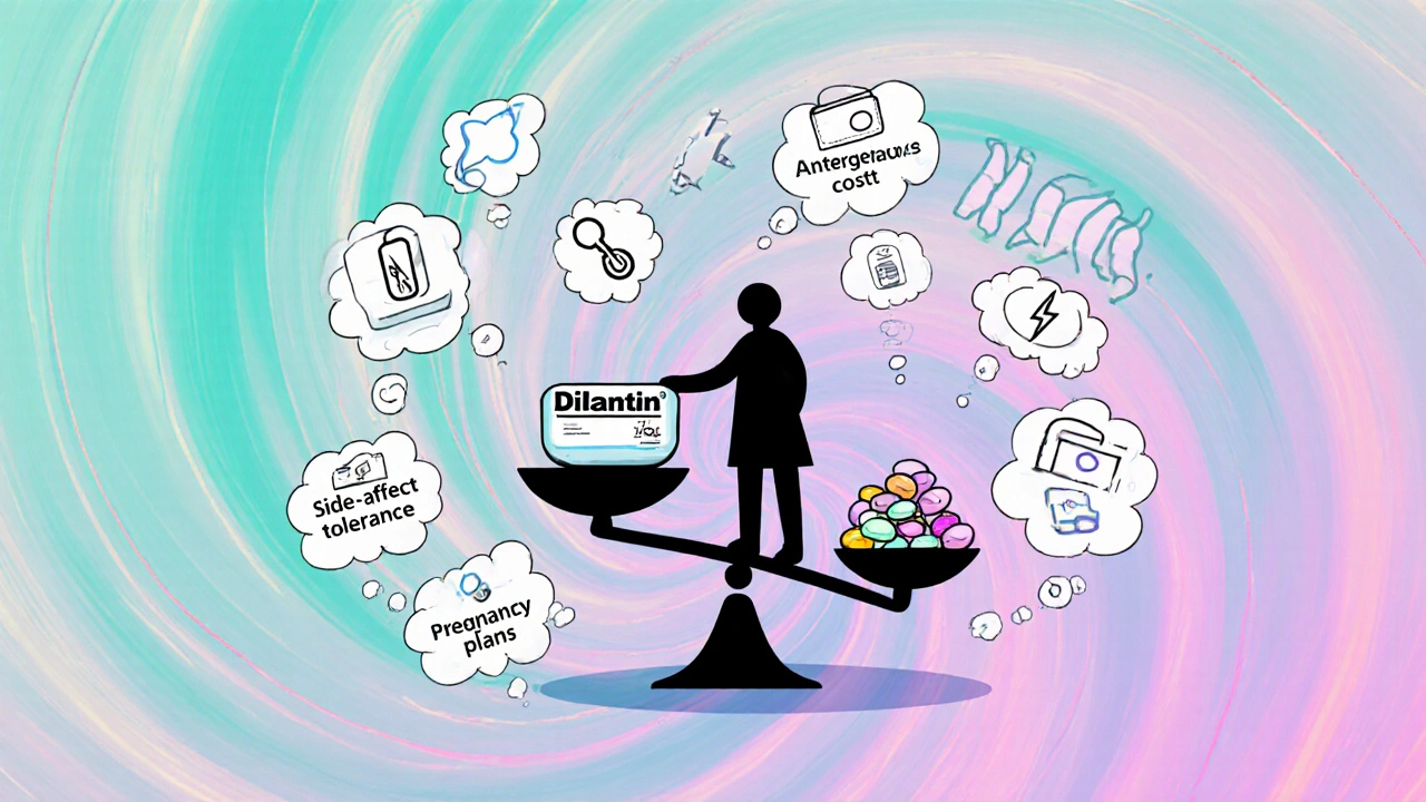 Patient silhouette weighing Dilantin against other seizure meds with icons for decision factors.