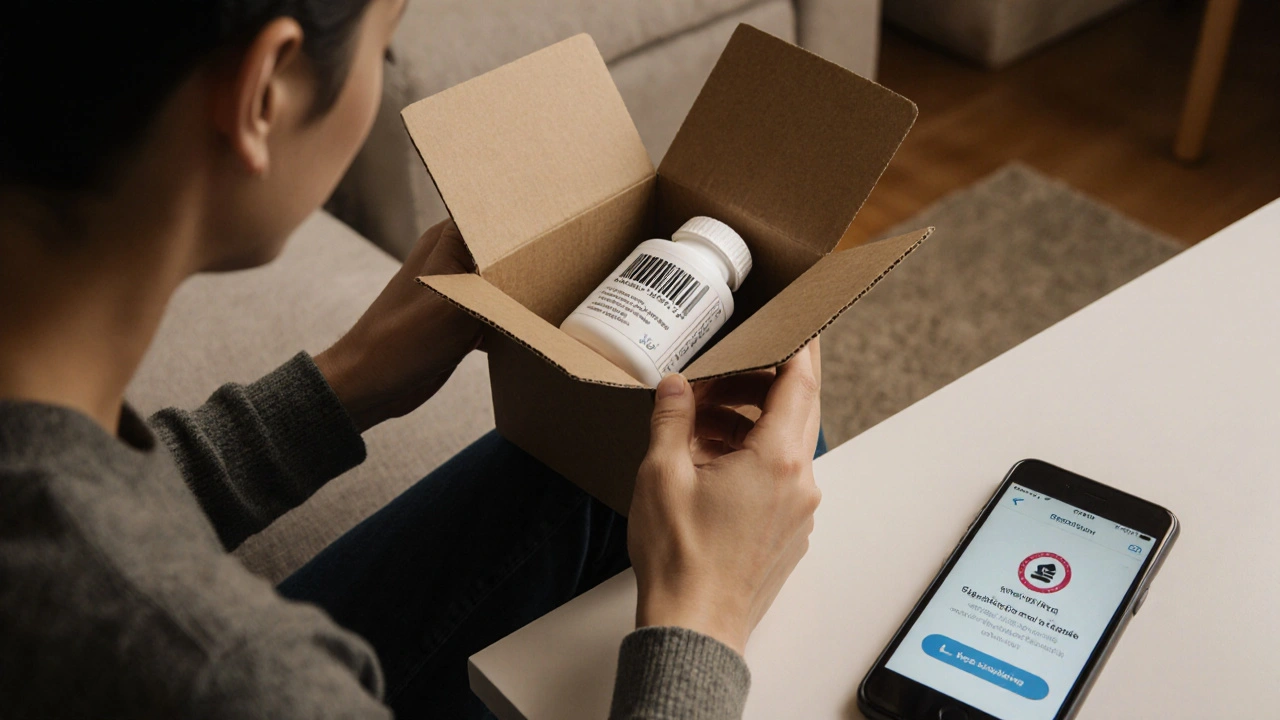 Person opening a discreet package containing a medication bottle at home.