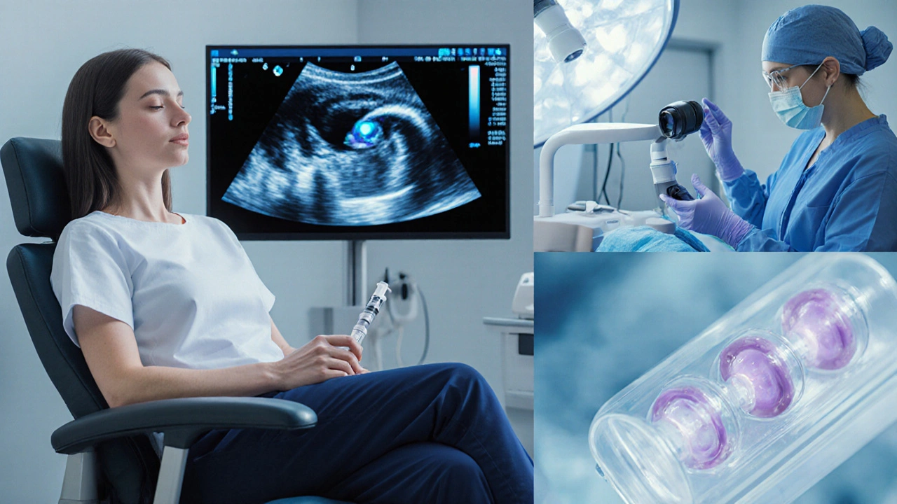 Photorealistic sequence of hormone injection, ultrasound, surgery, and egg vitrification.