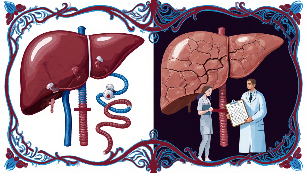Split image: healthy vs. cirrhotic liver processing midodrine, with doctor and compression stockings.