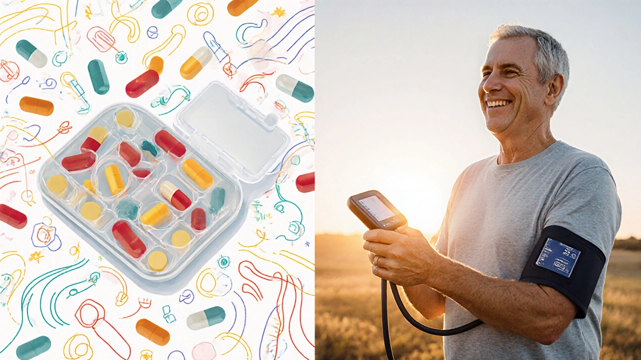 Split scene comparing a crowded pill organizer to a single Combipres pill, highlighting simplicity.