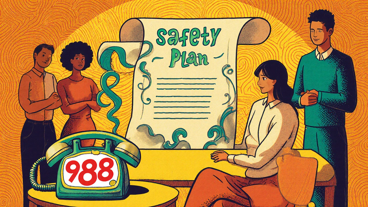 Therapist and client with safety plan scroll and 988 lifeline phone, surrounded by supportive friends.