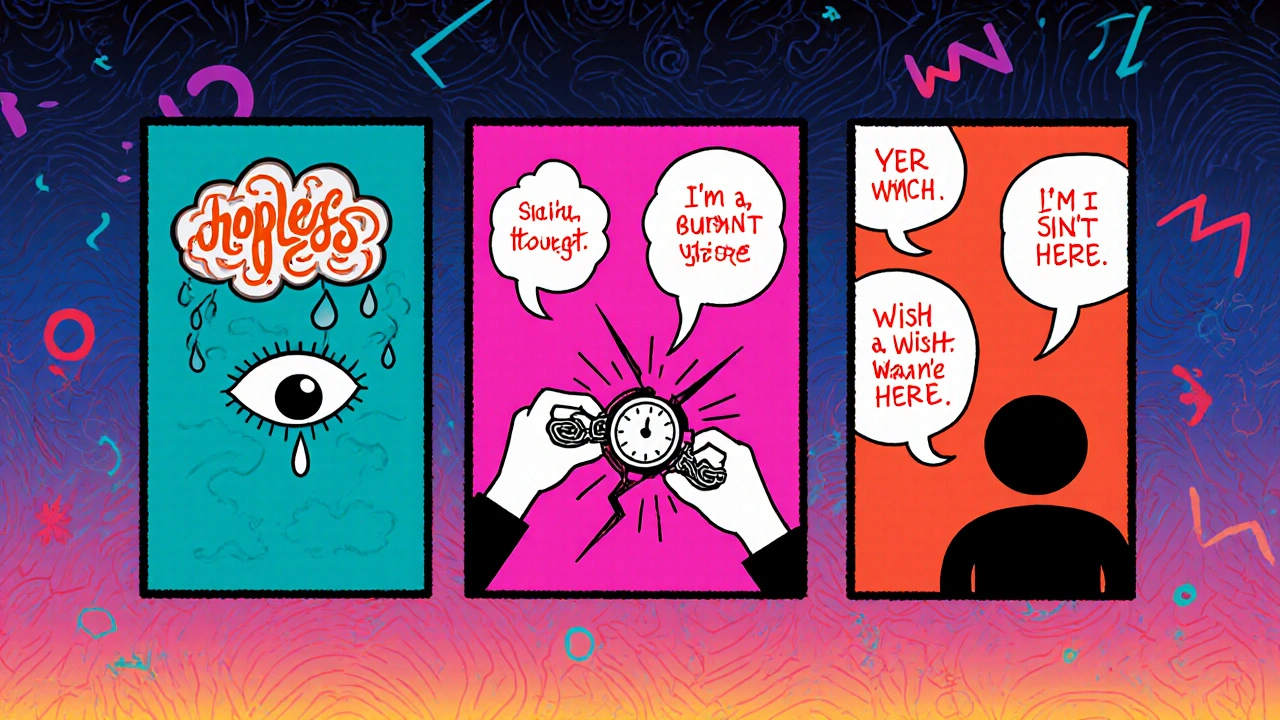 Three panels showing emotional, behavioral, and verbal warning signs for suicidal thoughts.