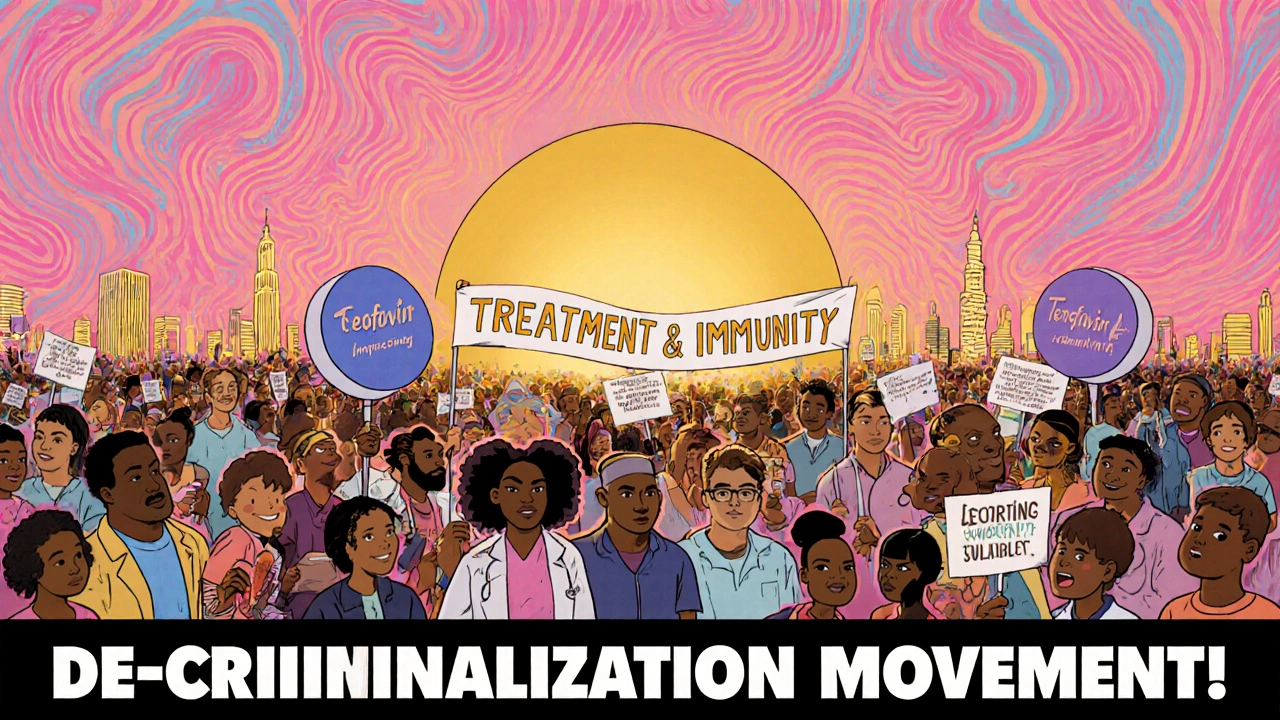 Vibrant protest scene advocating de‑criminalization of hepatitis B treatment.