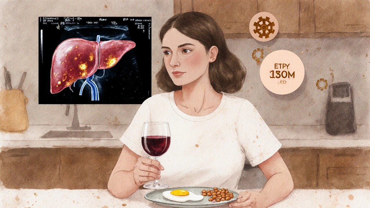 Woman drinking wine with a small protein meal, showing a faint liver ultrasound.