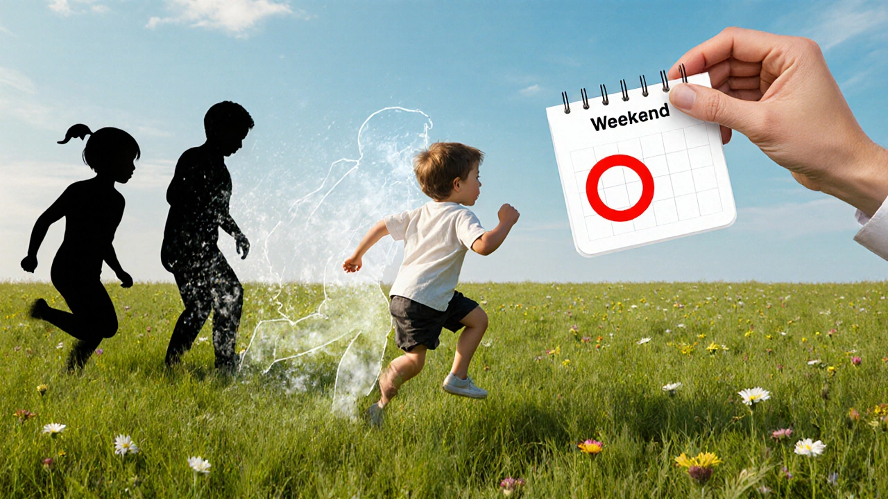 A child running in a summer field with a fading pill behind them and shadowy anxiety figures nearby.