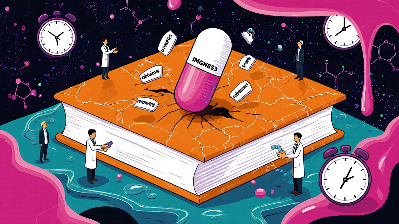 A cracked Orange Book floats above a lab as dosing pills shatter into &#039;obvious&#039; fragments.