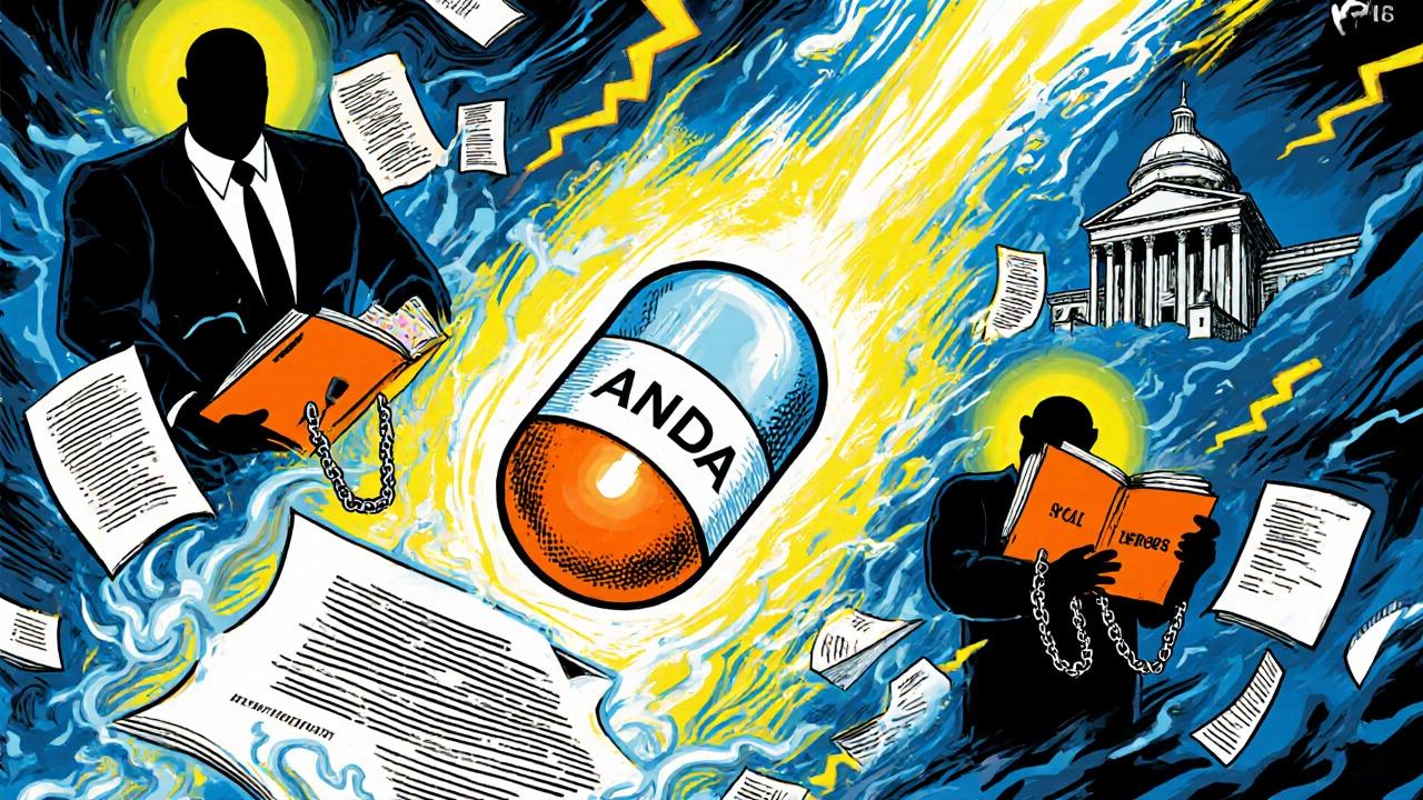 A generic drug capsule flies through a storm of legal documents toward Delaware courthouses.